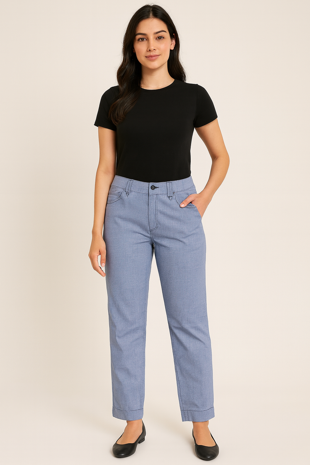 Light Blue Cotton Jeans-Style Pants