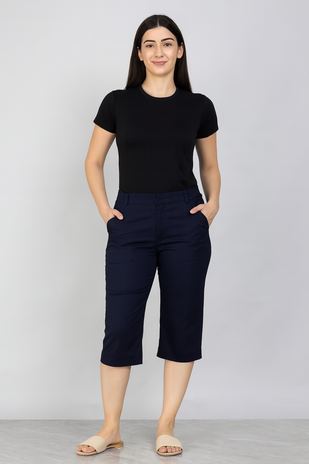 Navy Blue Cotton Capri