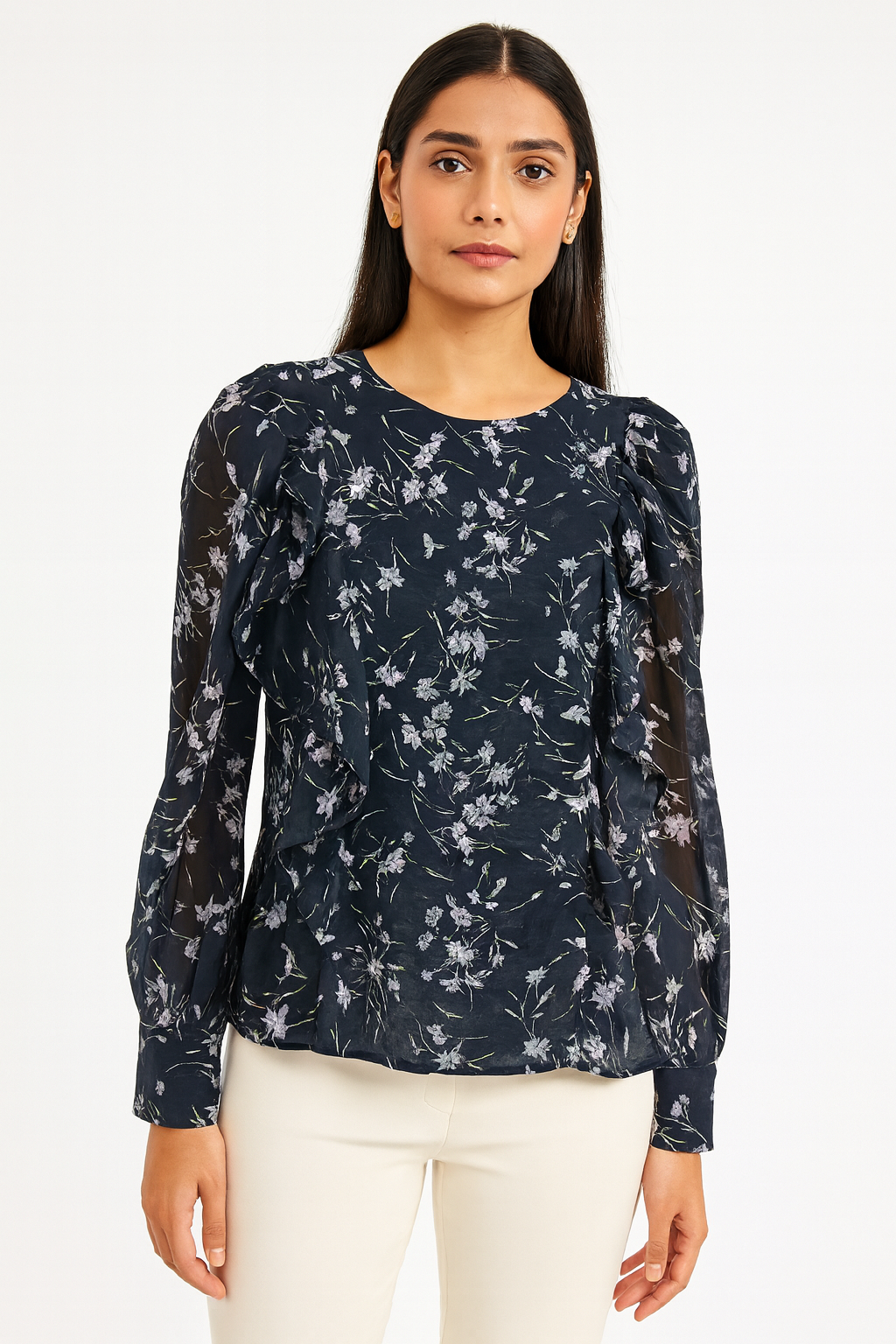 Navy Floral Ruffle Blouse