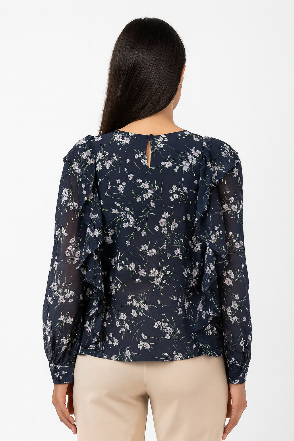Navy Floral Ruffle Blouse