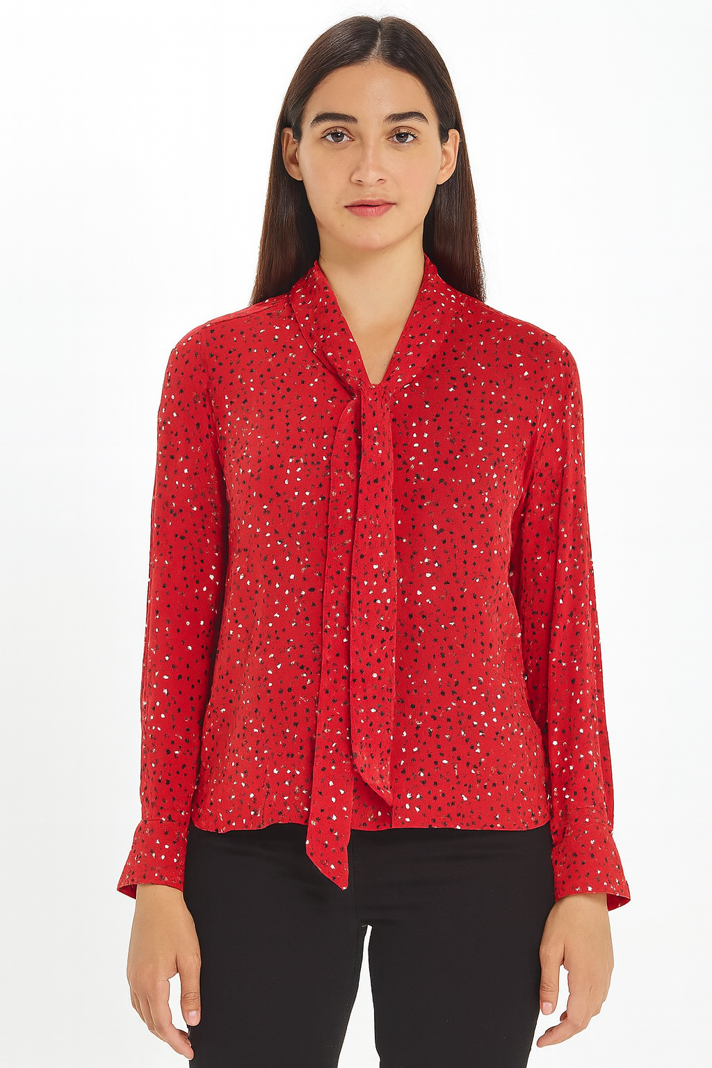 Red Polka Dot Tie-Neck Blouse