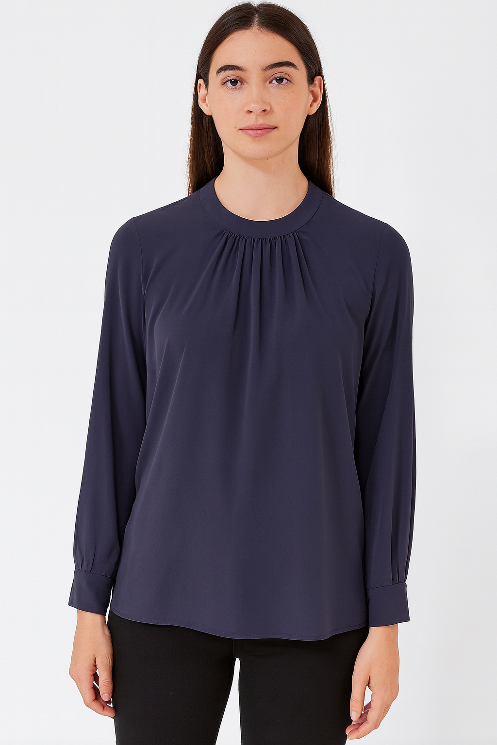 Navy Pleated Neckline Blouse