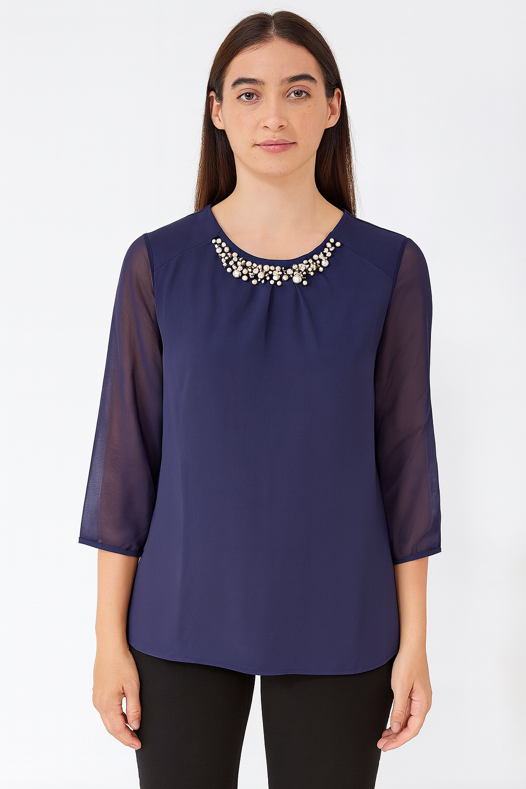 Navy Pearl Embellished Blouse