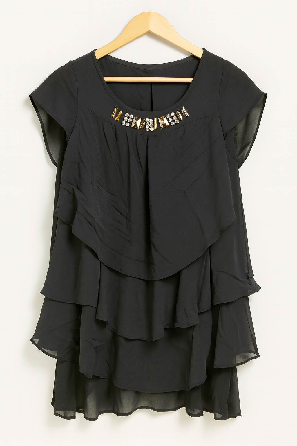 Black Layered Ruffle Party Top with Embellished Neckline