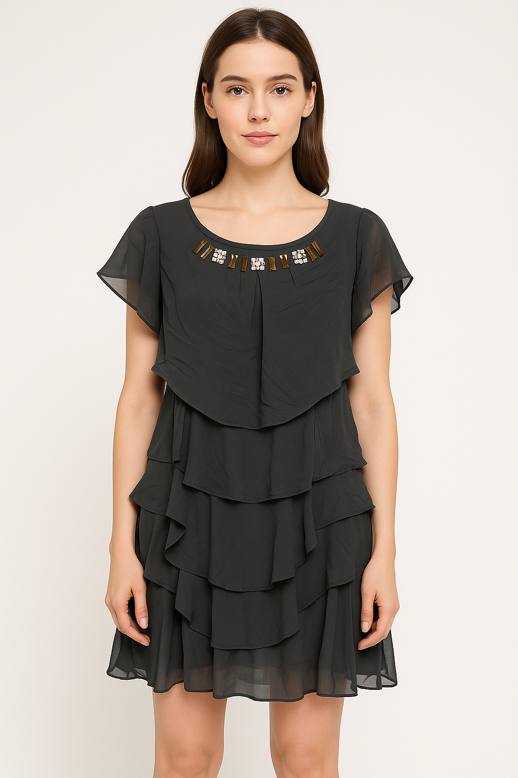 Black Layered Ruffle Party Top with Embellished Neckline
