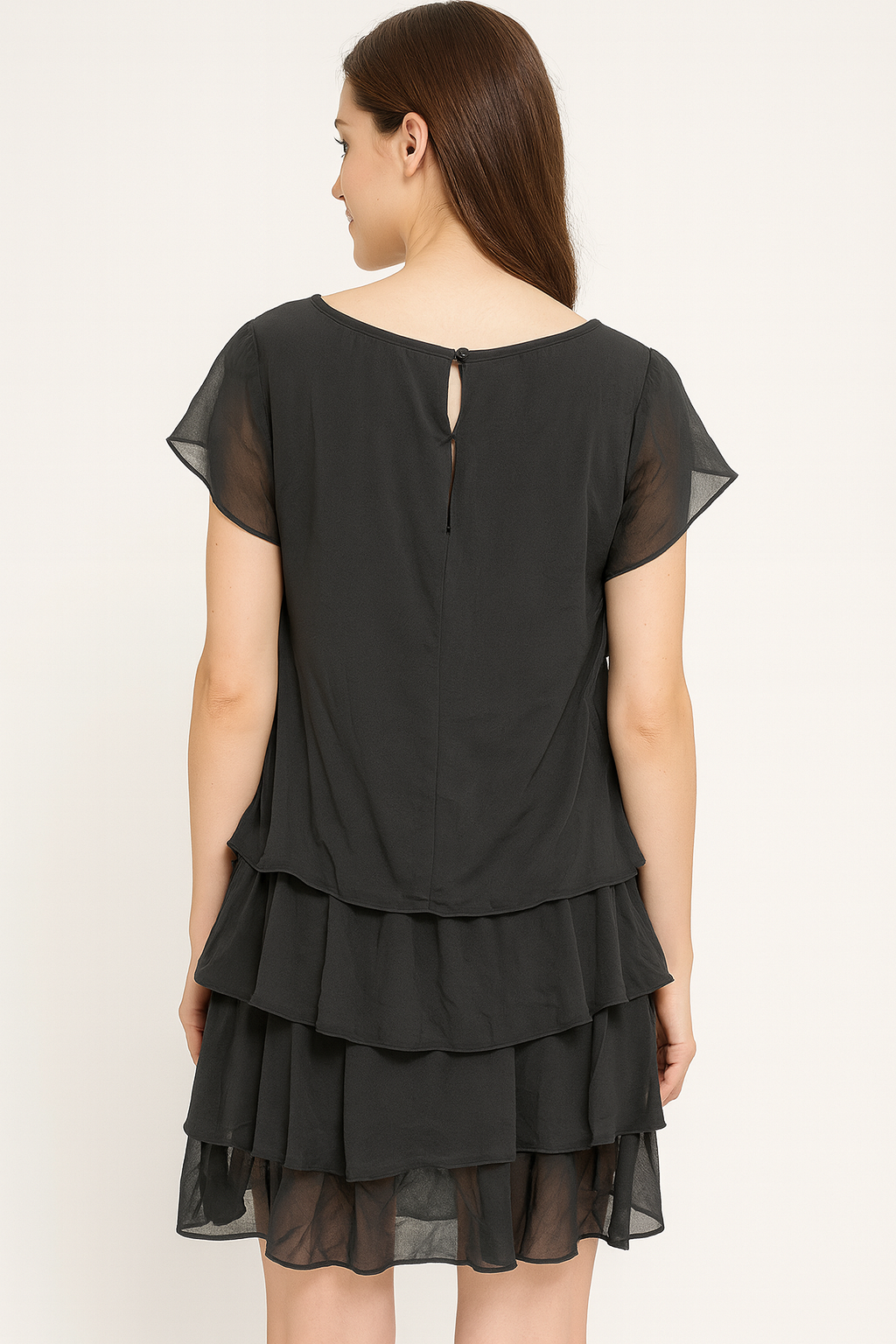Black Layered Ruffle Party Top with Embellished Neckline