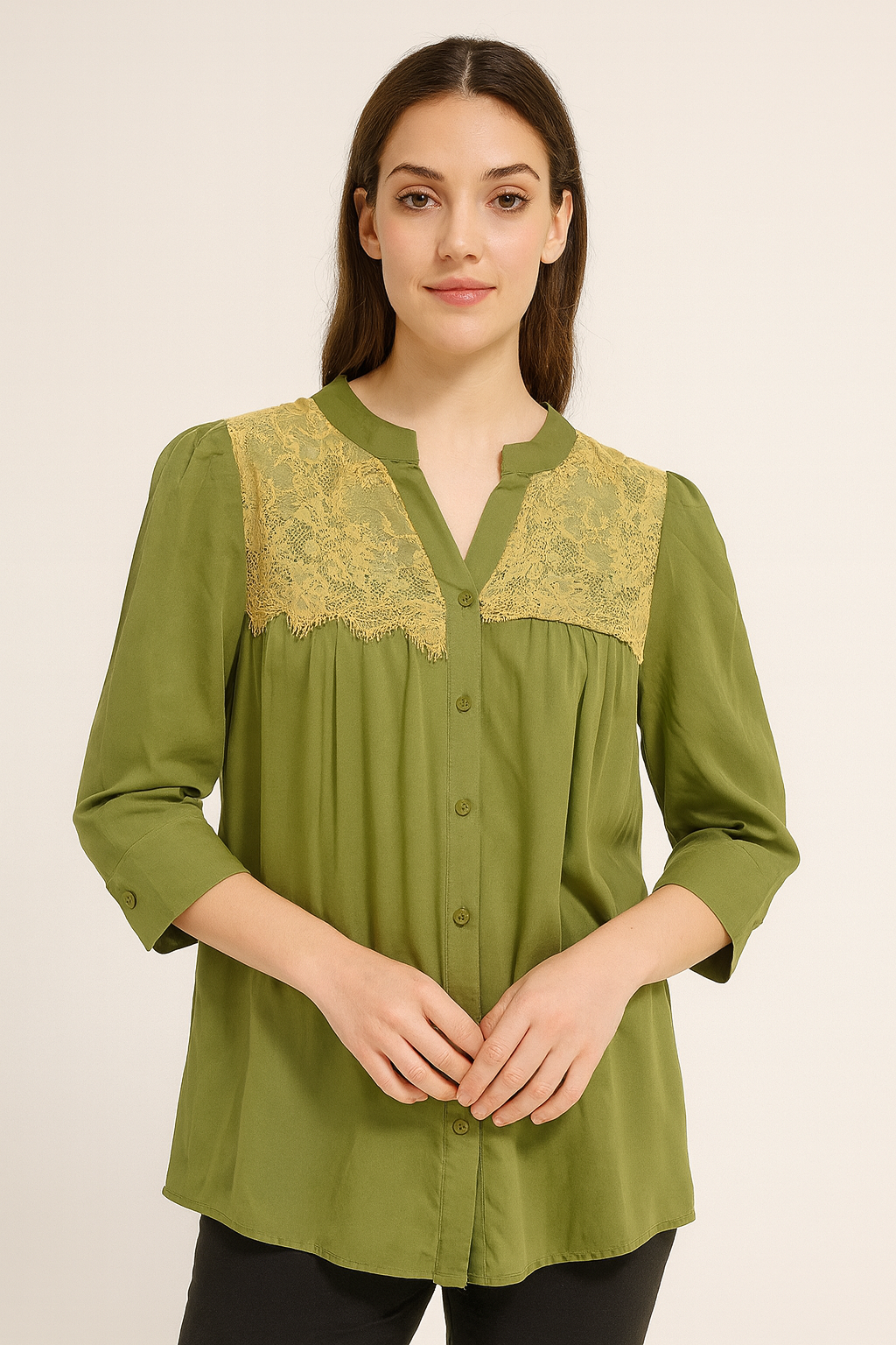 Olive Green Lace Yoke Button-Down Tunic