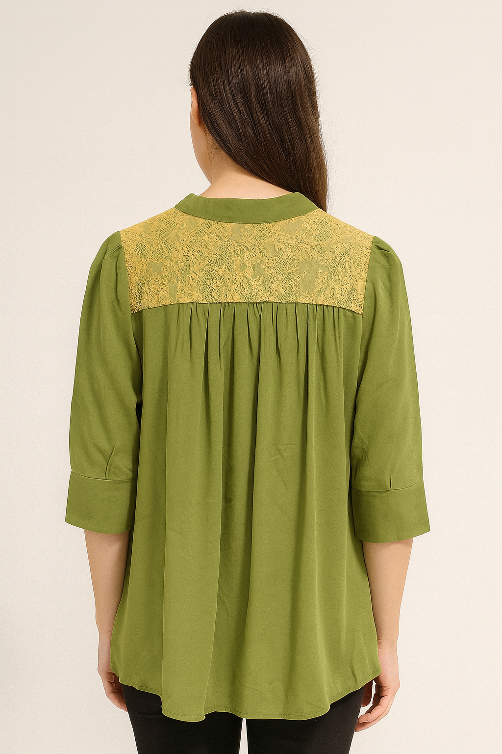 Olive Green Lace Yoke Button-Down Tunic