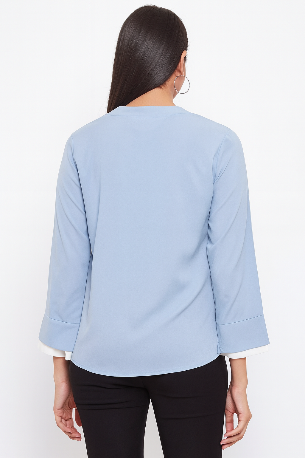 Sky Blue Tie-Neck Formal Blouse with Pearl Cuff