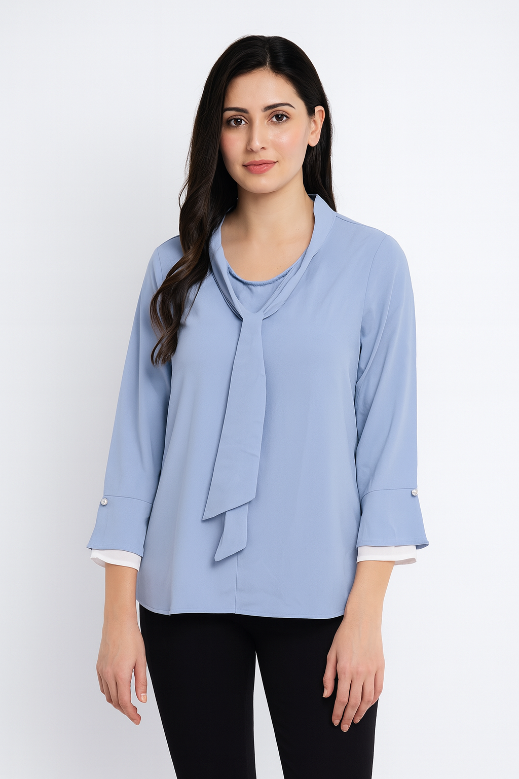 Sky Blue Tie-Neck Formal Blouse with Pearl Cuff
