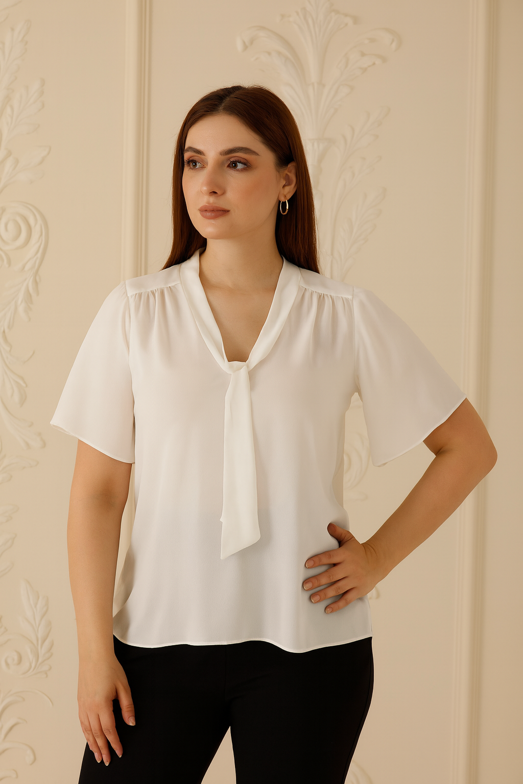 Tie-Neck Short Sleeve Blouse